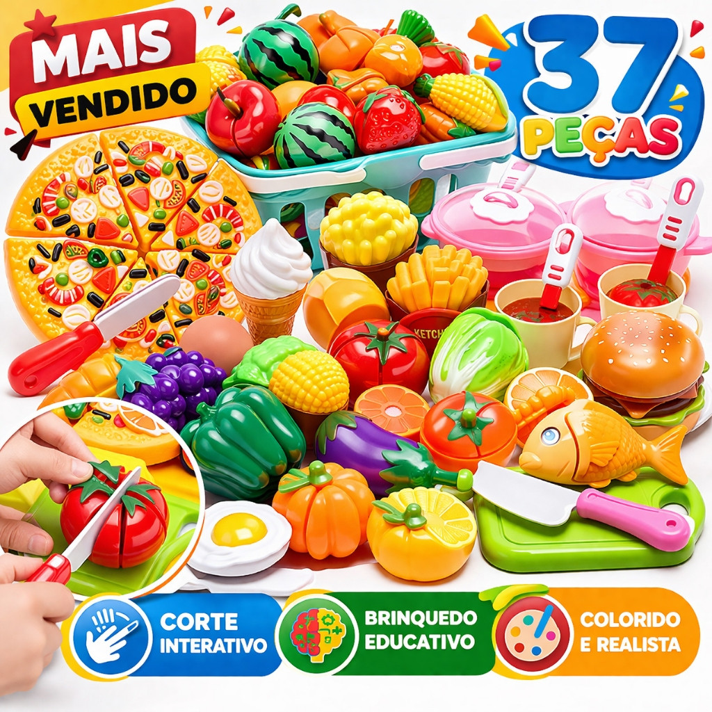 37 Peças Kit Cozinha Infantil Brinquedos Frutas Legumes Corte Comidinha Educativo Simulação Culinária Crianças Presente