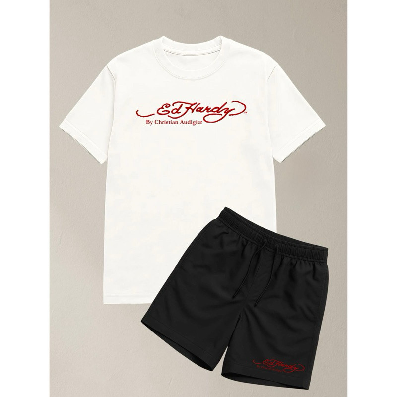 kit Short Tectel Elastano Masculino Estampado Ed Hardy e Blusa 100% Algodão Tradicional