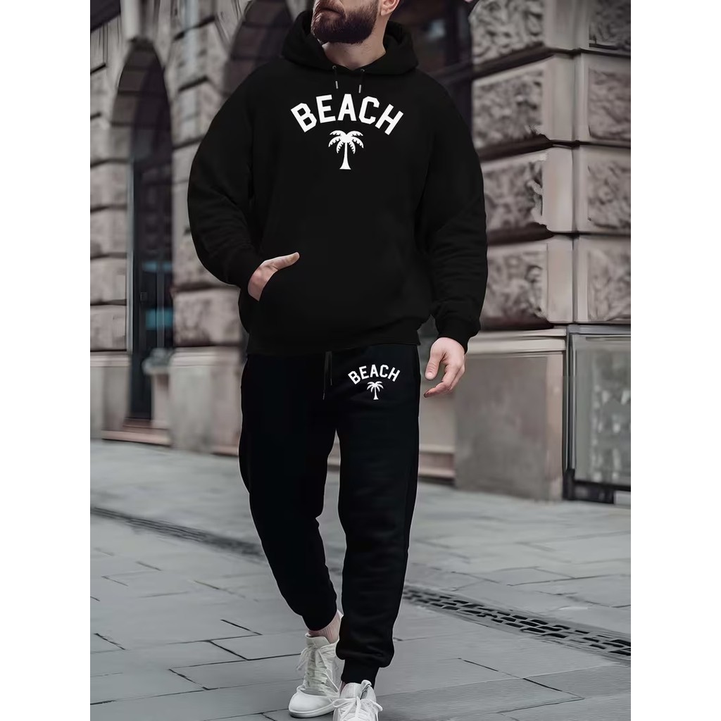 Conjunto Moletom Masculino Beach Blusa De Frio Canguru Bolso e Capuz + Calça Moletom Estampados Unissex Outono/Inverno