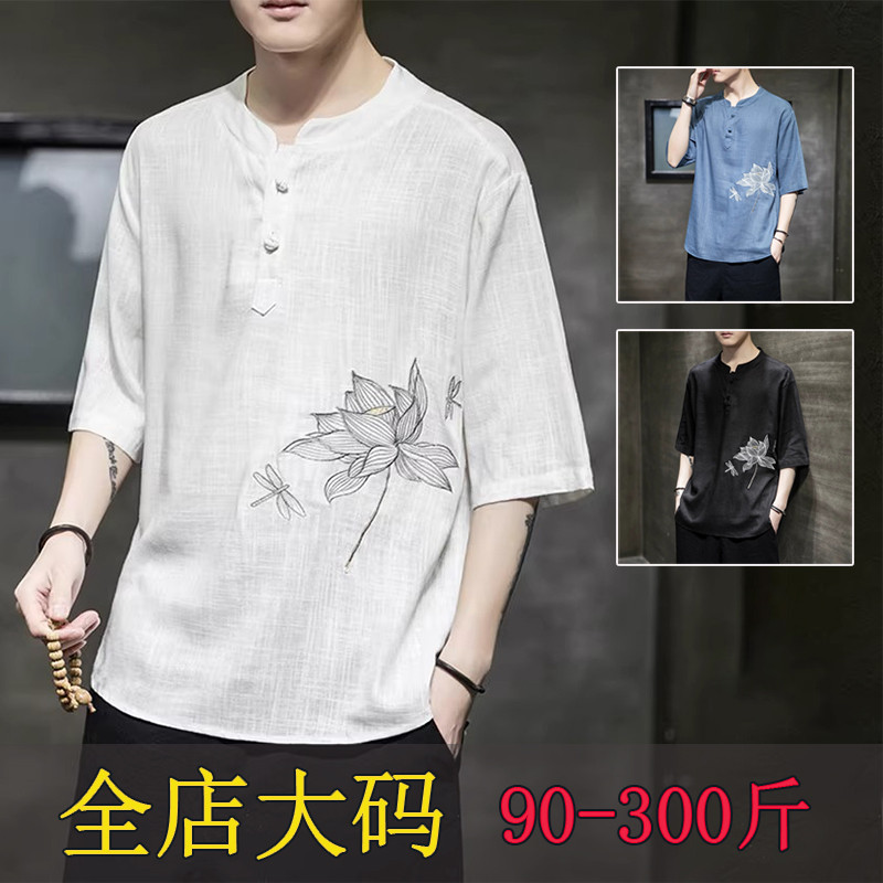 Imitação de linho camiseta masculina verão novo estilo chinês roupas masculinas bordadas roupas de manga curta ma