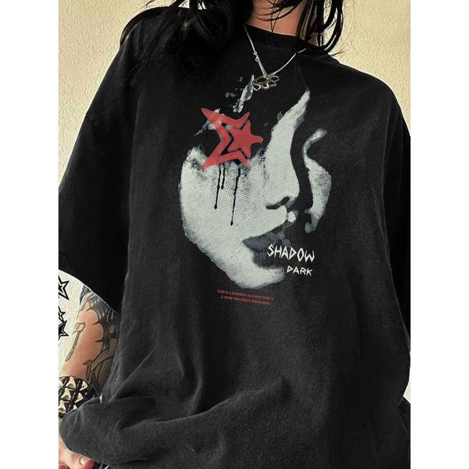 「BR.Moonlight」Camiseta Feminina Y2K Casual Estampa Cartoon Gola Redonda Soltinha Confortável Divertida Estilosa