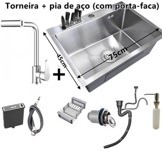 Cuba Aço Inoxidável 304 Pia Cozinha Gourmet Quadrada Escovada 75x45cm/60x45cm Com Acessórios Completa Luxo
