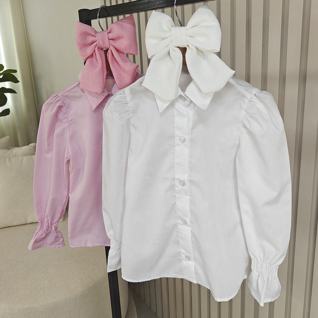Camisa Infantil Rosa e Branca Vivian Tamanho 04 ao 14 Menina Manga Longa Social Gola