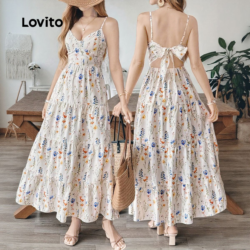 Lovito Vestido Boho com babados na bainha e laço nas costas sem costas vestido primavera/verão para mulheres LK3ED132