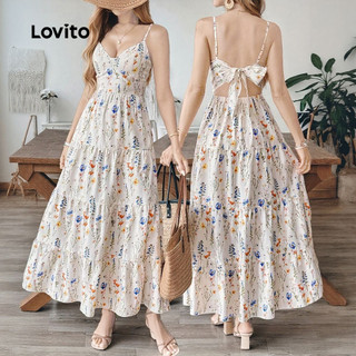 Lovito Vestido Boho com babados na bainha e laço nas costas sem costas vestido primavera/verão para mulheres LK3ED132