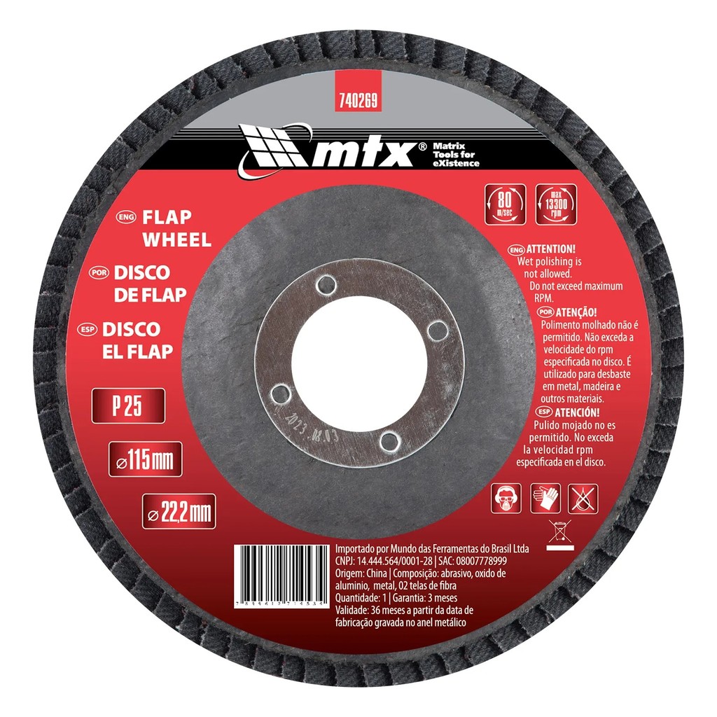 Disco Flap MTX Grão 25 115 x 22,2mm 1 Peça