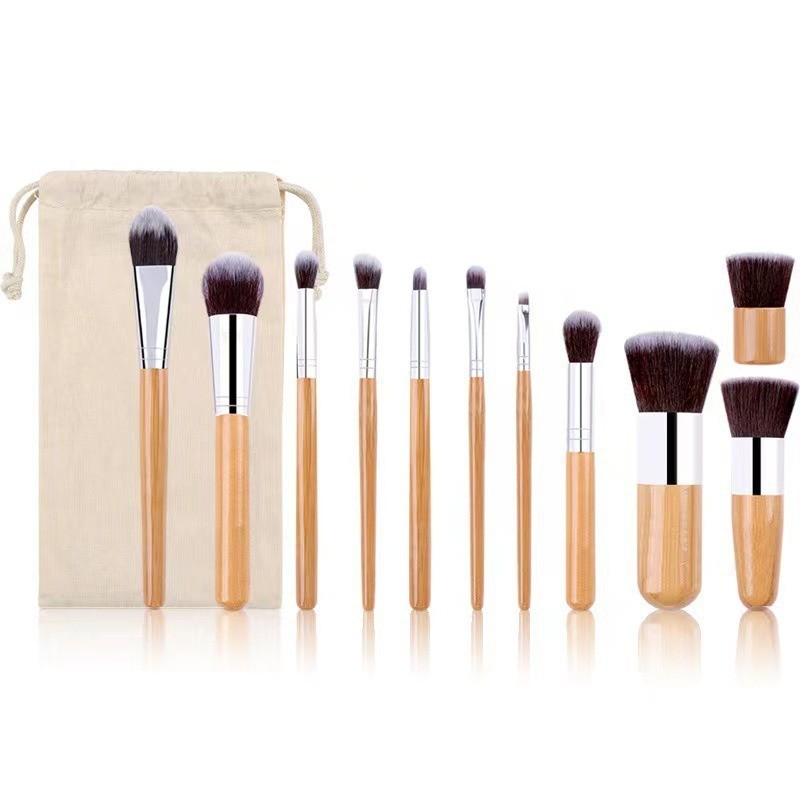 Conjunto de 11 pincéis de maquiagem com cabo de bambu e bolsa de armazenamento de linho, ferramentas de maquiagem