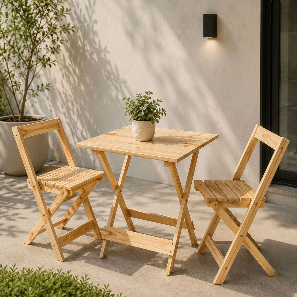 Kit 1 Mesa Dobrável 60x60 + 2 Cadeiras Dobráveis em Madeira Pinus