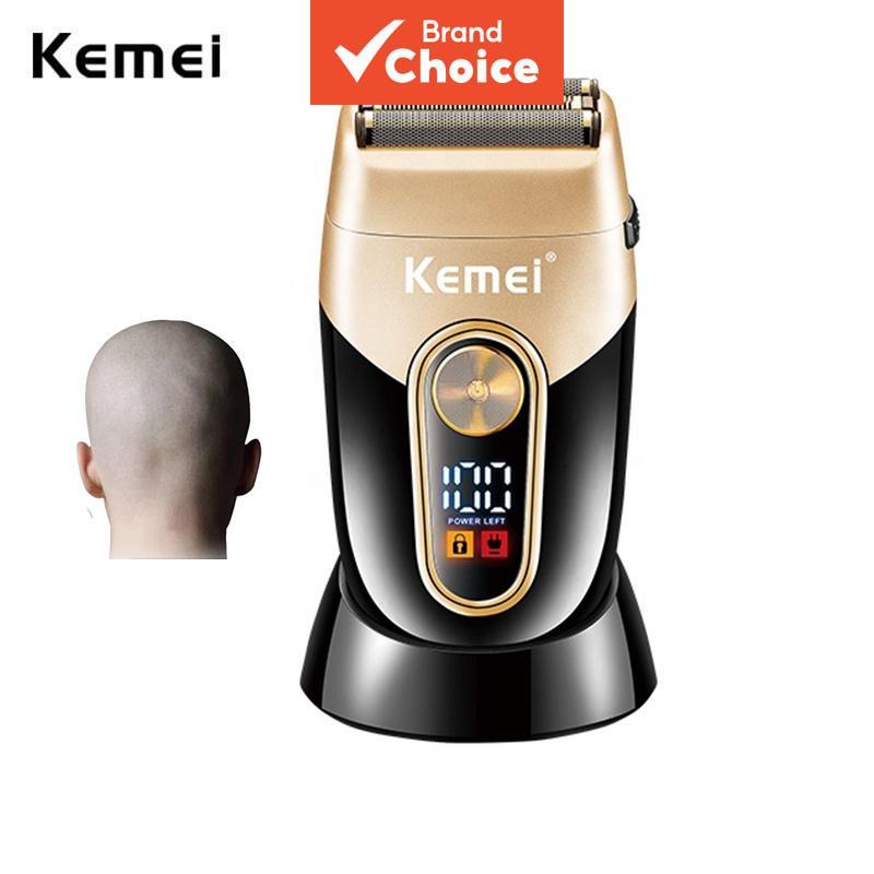 Kemei Barbeador elétrico recarregável para barbeiro, aparador de acabamento, cabeça raspada com 3 lâminas de malha e