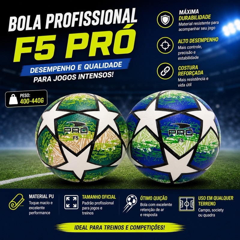 Bola Futebol Profissional / Alta Durabilidade F5 Pró PU / Costurada Oficial 400-440g Treino Campo Quadra 