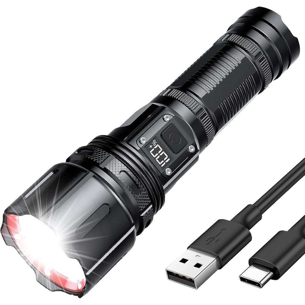 Kit com 5 Lanterna LED recarregável de 10.000 lúmens, lanterna tática com sabre de luz, lanterna potente com zoom