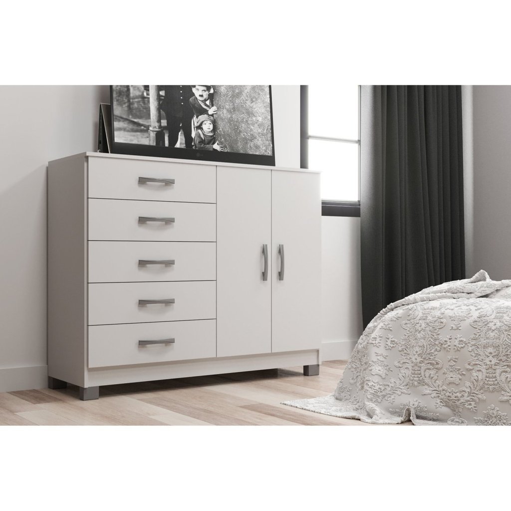 Cômoda 2 Portas 5 Gavetas Black com Pés Branco Branco