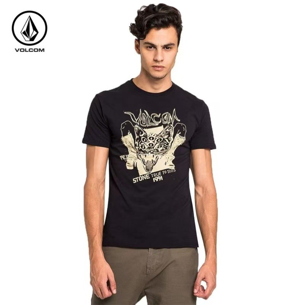 VOLCOM Psicodélico Multi Eyed Wildcat Retro Ilustração Impressa Mangas Curtas 100 % Algodão Premium Masculino Estilo Ame