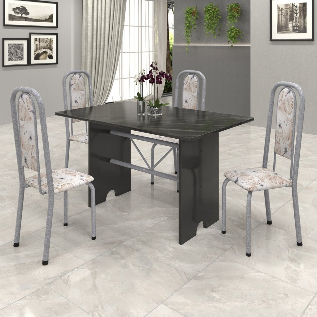 Conjunto de Mesa 120x75cm Tampo Ardósia com 4 Cadeiras Lavínea Preto/Martelado Pérola/Botanic Bege Martelado