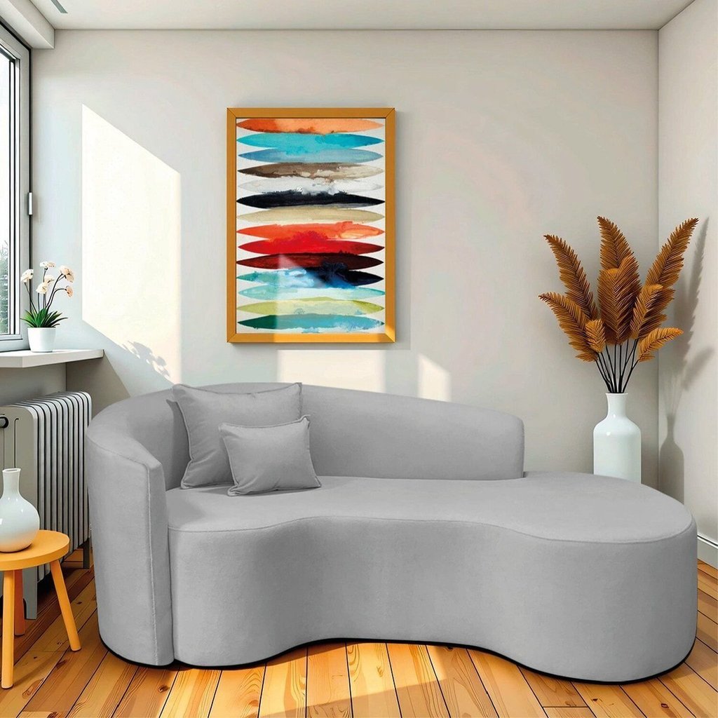 Recamier Curvo Orgânico 200cm 3 Lugares Lado Direito para Sala de Estar Linho Londres Cinza Claro Cinza/Claro