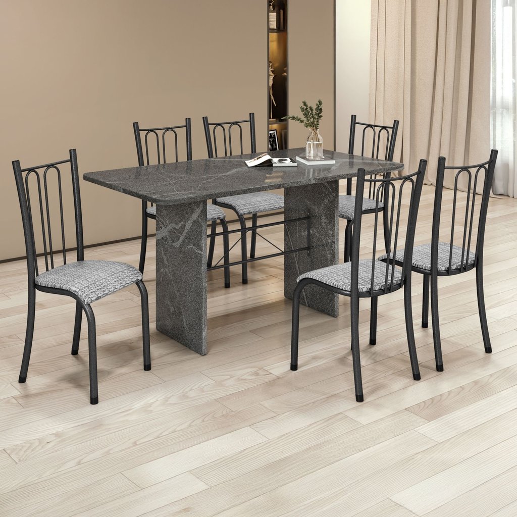 Conjunto Sala de Jantar Tubular 6 Lugares Retangular Mesa 140x75cm Tampo Granito