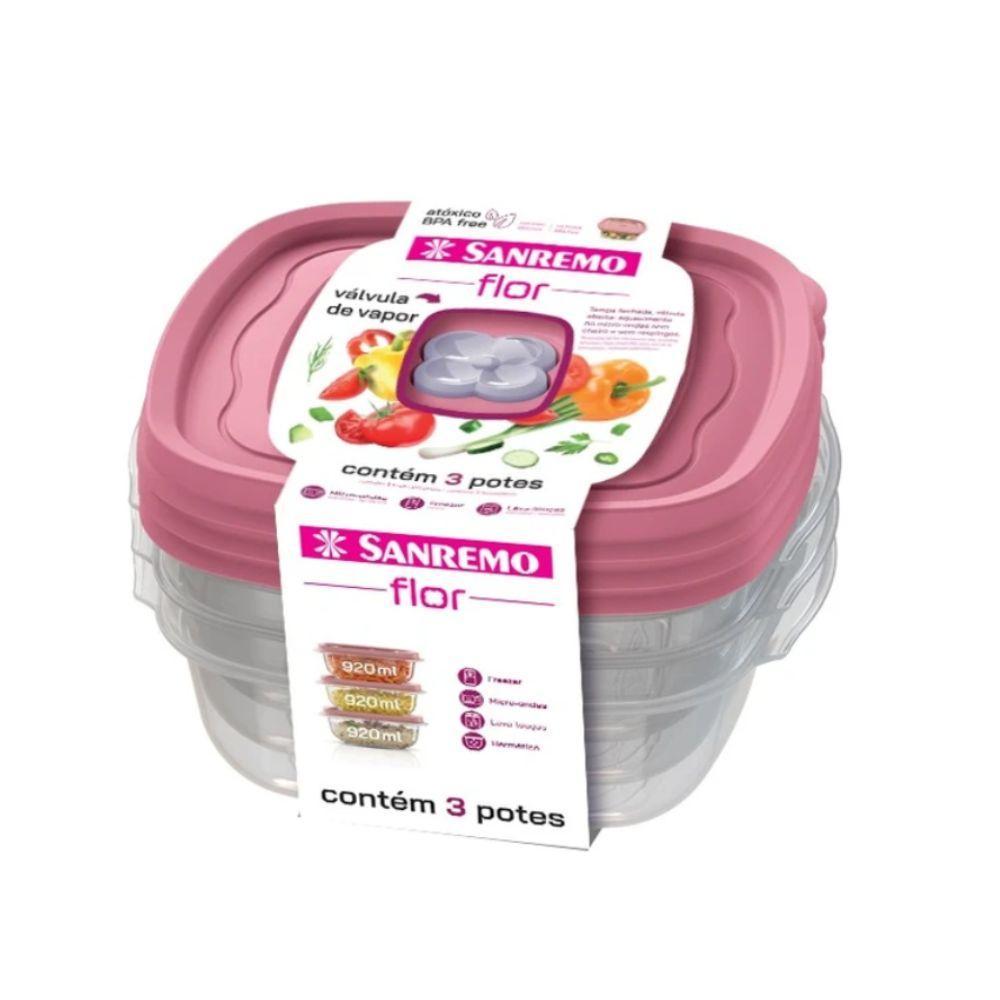 Conjunto 3 Potes Plásticos Quadrados Hermético Rosa 920ML Flor Sanremo