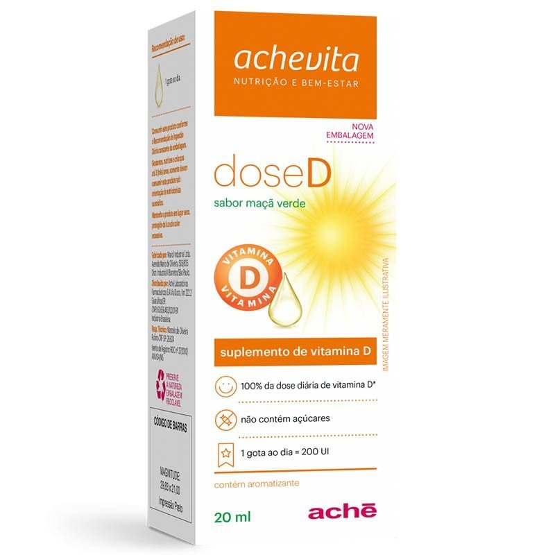 Vitamina D 200UI Achevita DoseD Maçã Verde Gotas 20ml