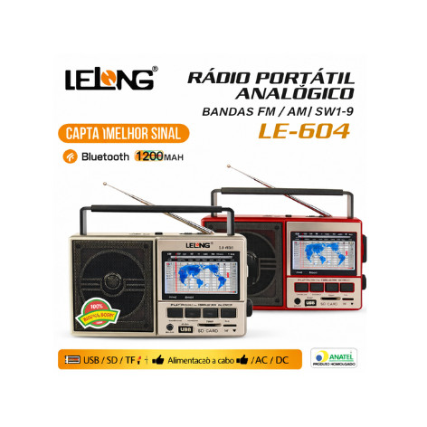 Rádio Portátil Retrô Lelong LE-604 AM FM SW USB SD Lanterna LED