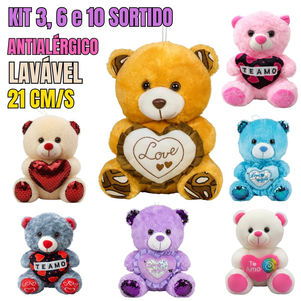 Kit Ursinhos Love Sortidos 21cm Antialérgicos e Laváveis