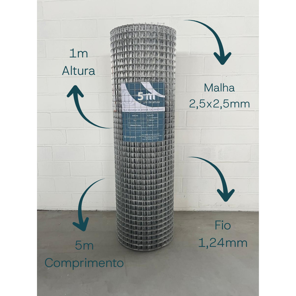 Tela Soldada Galvanizada para Fachada 1m Altura Fio 1,24mm Construção Obra (1, 2, 3, 4 metros de comprimento)