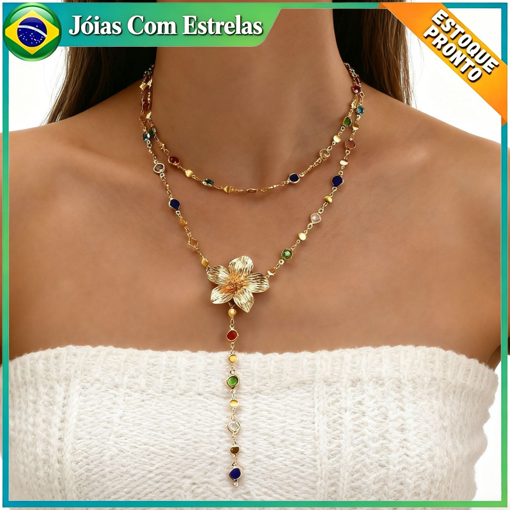 Colar Boho de Pedras Coloridas e Flor - Acessório Perfeito para Presente e Festas