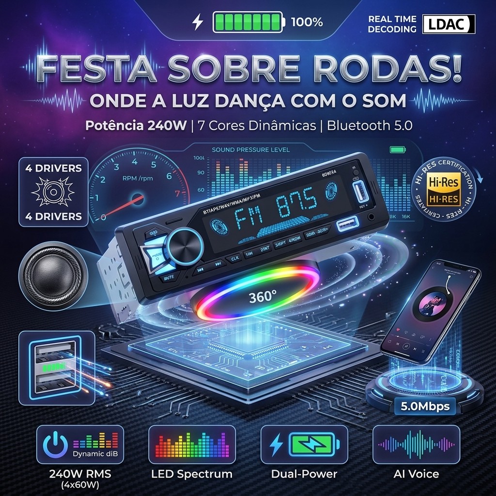 Som Automotivo Bluetooth 5.0 Rádio FM MP3 Player Dual USB Carga Rápida 4x60W 7 Cores Voz Auxiliar