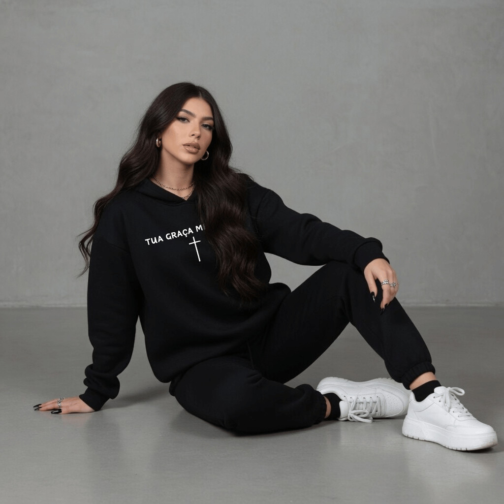 Conjunto Feminino de Moletom Canguru Calça Kit Estampada Tua Graça Cristão 100% Algodão Blusa De Frio Capuz Cadarço