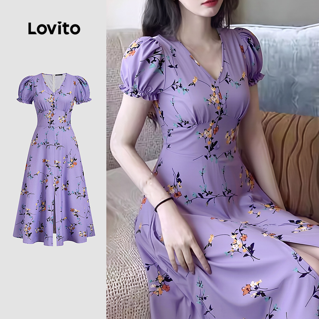 Lovito Vestido Elegante com Babados Primavera/verão Vestido Roxo Feminino LK4ED906