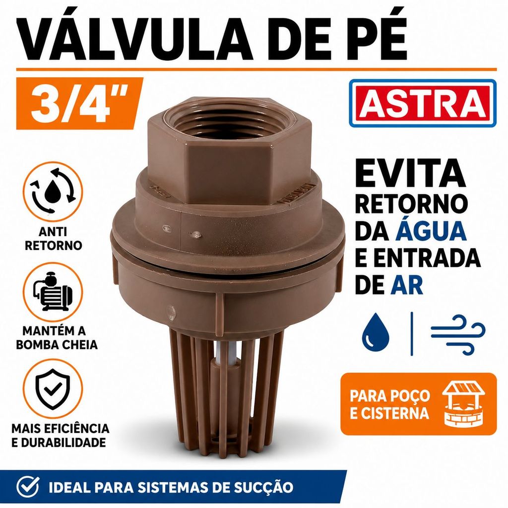 Válvula de Pé com Crivo 3/4 Astra Válvula de Retenção Anti Retorno Poço Bomba Água