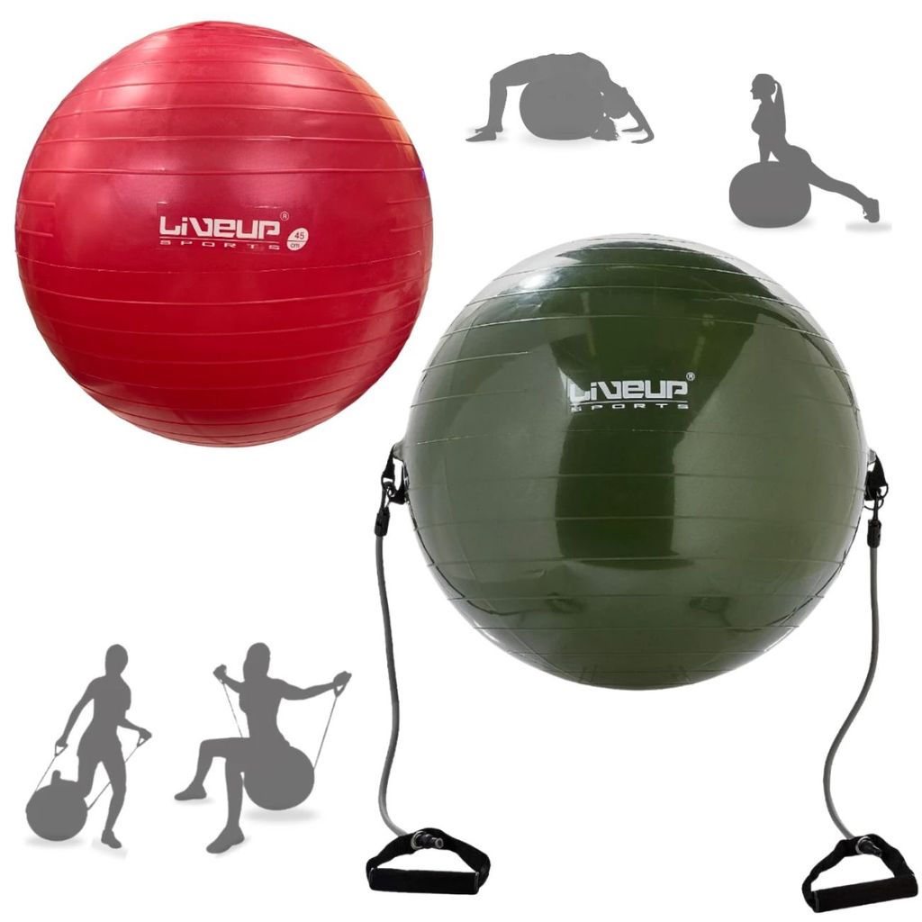 Kit Bola Suiça Premium Anti Estouro 45 Cm Vermelha + Bola com Extensor Elástico 65 Cm + Inflador