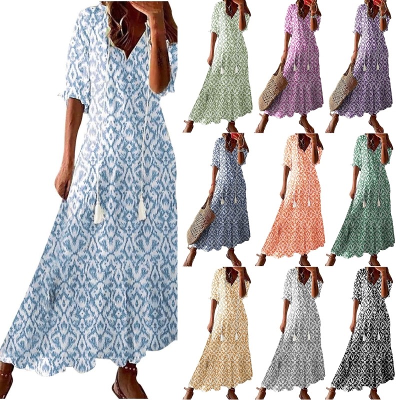 CM Vestido Maxi Feminino Estampa Floral E Babados, Curta, Decote V Fluido, Vestidos Longos Evasê, Praia