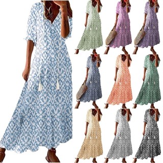 CM Vestido Maxi Feminino Estampa Floral E Babados, Curta, Decote V Fluido, Vestidos Longos Evasê, Praia
