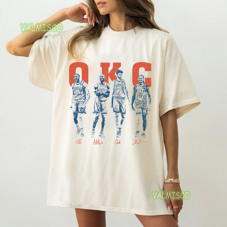 Camiseta Oversized Masculina Feminina Estampa OKC Thunder Jogadores Assinaturas Streetwear T-shirt Retrô Casual