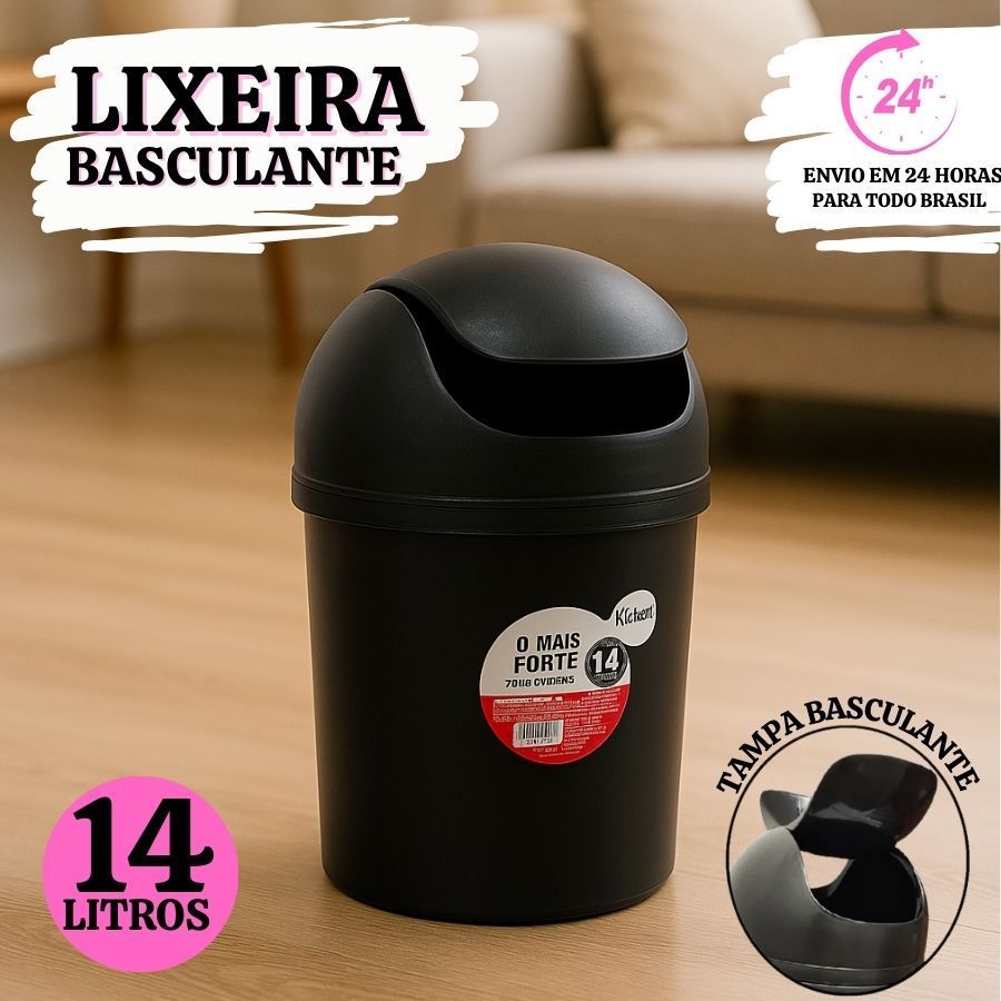 LIXEIRA BANHEIRO COZINHA BASCULANTE 14 LITROS BANHEIRO COZINHA XPLAST MULTIUSO PRETA