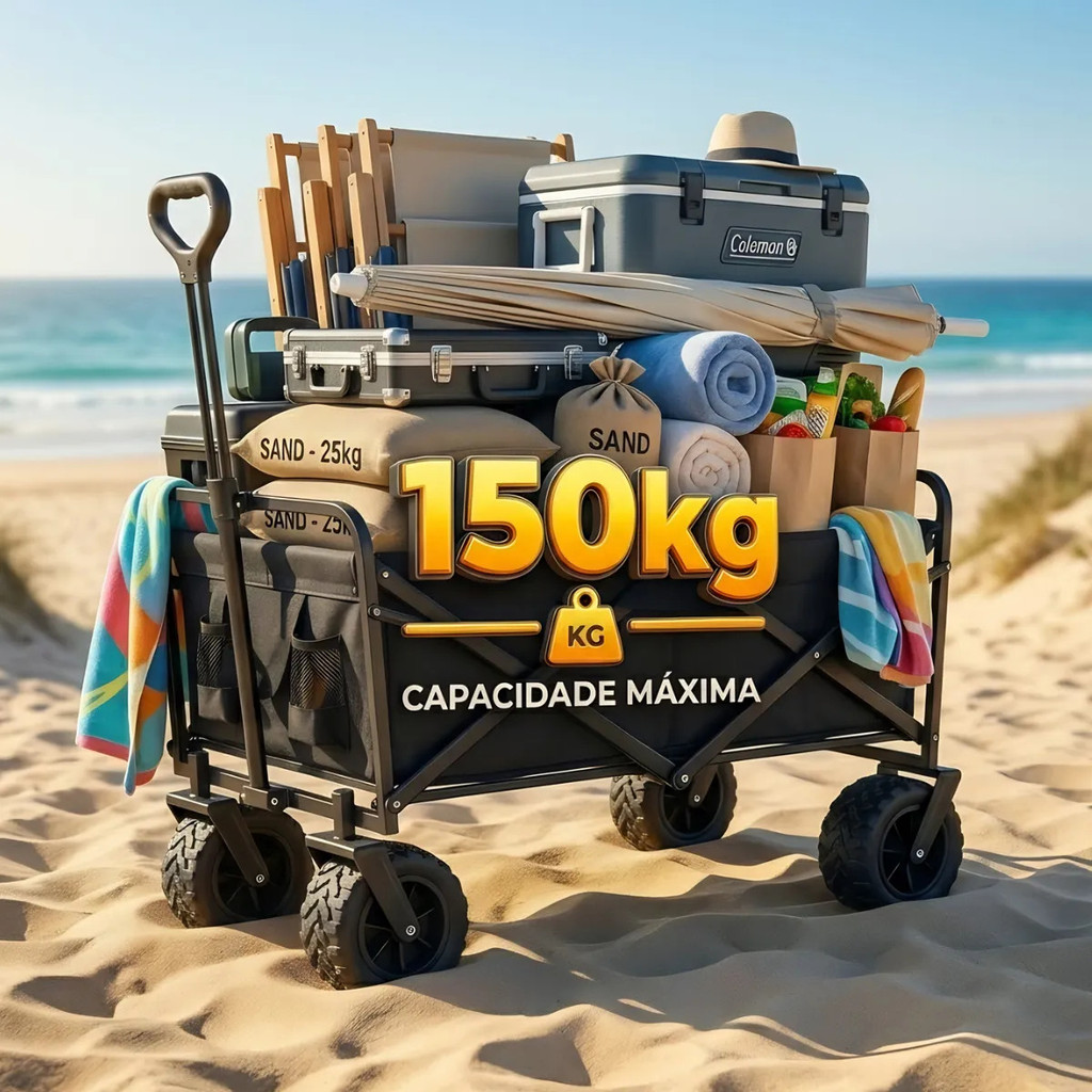 Carrinho Multiuso 150kg Dobrável Portátil Praia Camping Feira Sitio Carga Transporte