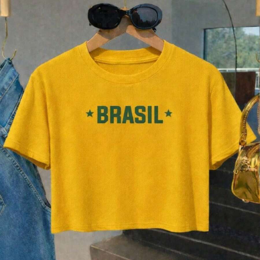 Cropped Feminino Estampado Brasil Seleção Brasileira Top Camiseta em Tecido de Algodão Leve 
