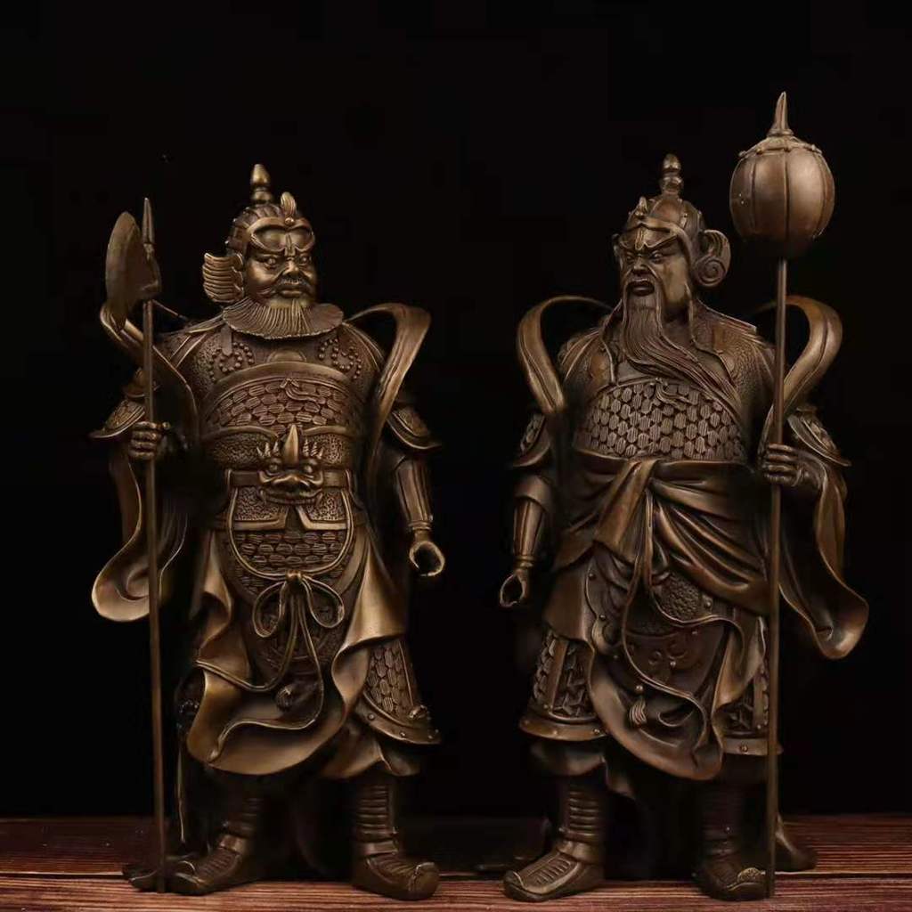 Porta de cobre puro deus ornamentos antigo Humming Ha Erjiang estátua de Bronze Qin Qiongwei Chigong deus estátua um par