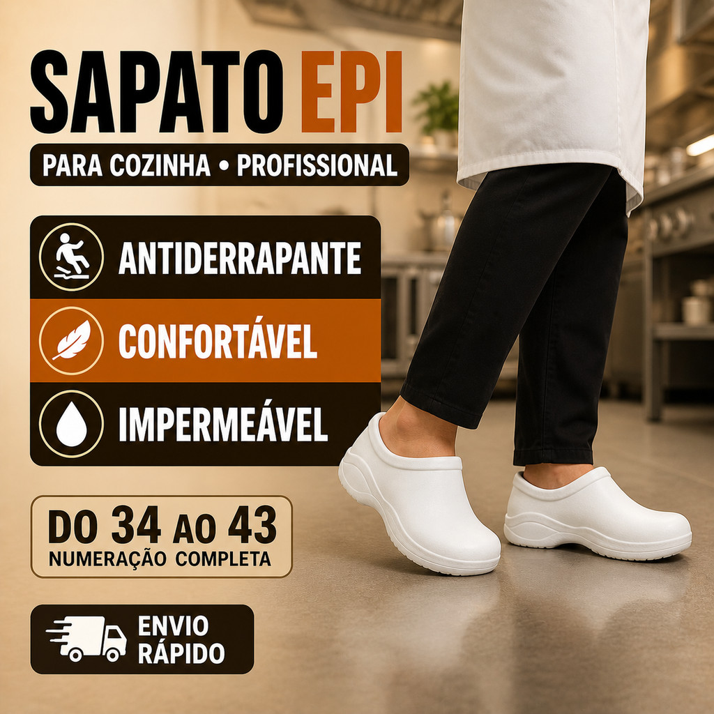 Sapato EPI Antiderrapante Impermeável Profissional Confortável Enfermagem Cozinha do 34 ao 43 ENVIO RÁPIDO