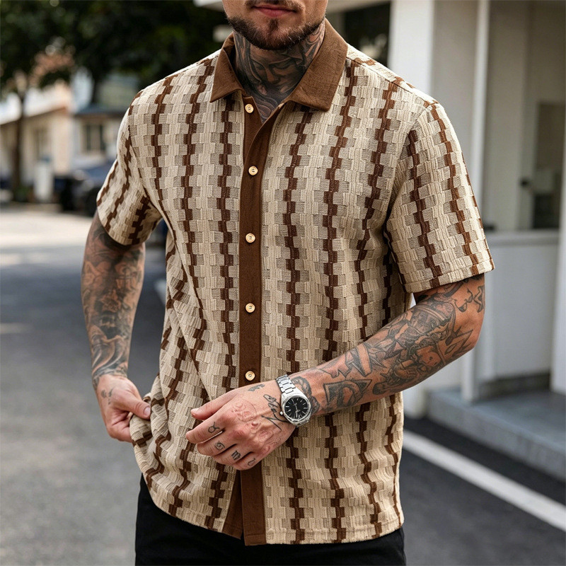 Camisa masculina de verão Retro xadrez malha camisa de manga curta masculina All-Match Casual elegante topo