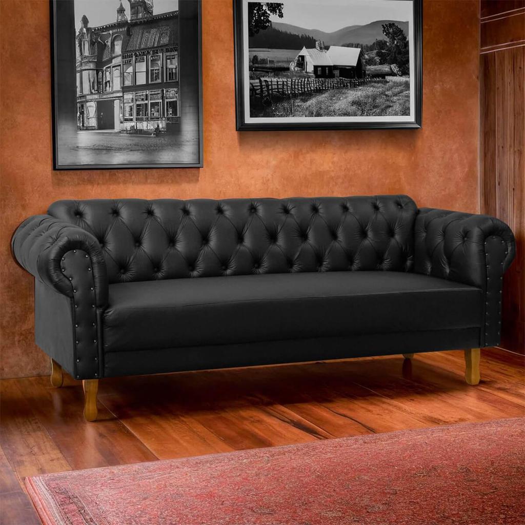 Sofá Duque 3 Lugares Pés Luís XV Chesterfield Capitonê Corino Preto Escritório Recepção Barbearia