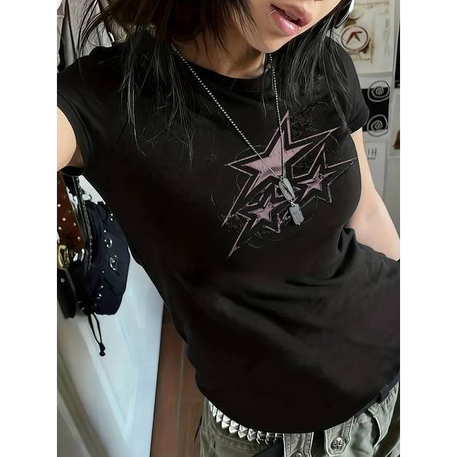 Camiseta Feminina Estrela Padrão Regular Y2K Retrô Tendência Linda Confortável Estilosa Moda Feminina