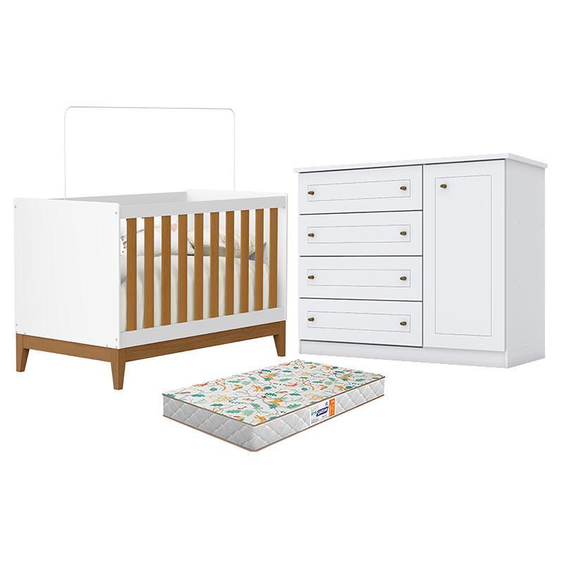 Berço Americano Flip Branco Acetinado Savana Reller e Cômoda Infantil Americano Branco HP e Colchão Gazin - Henn