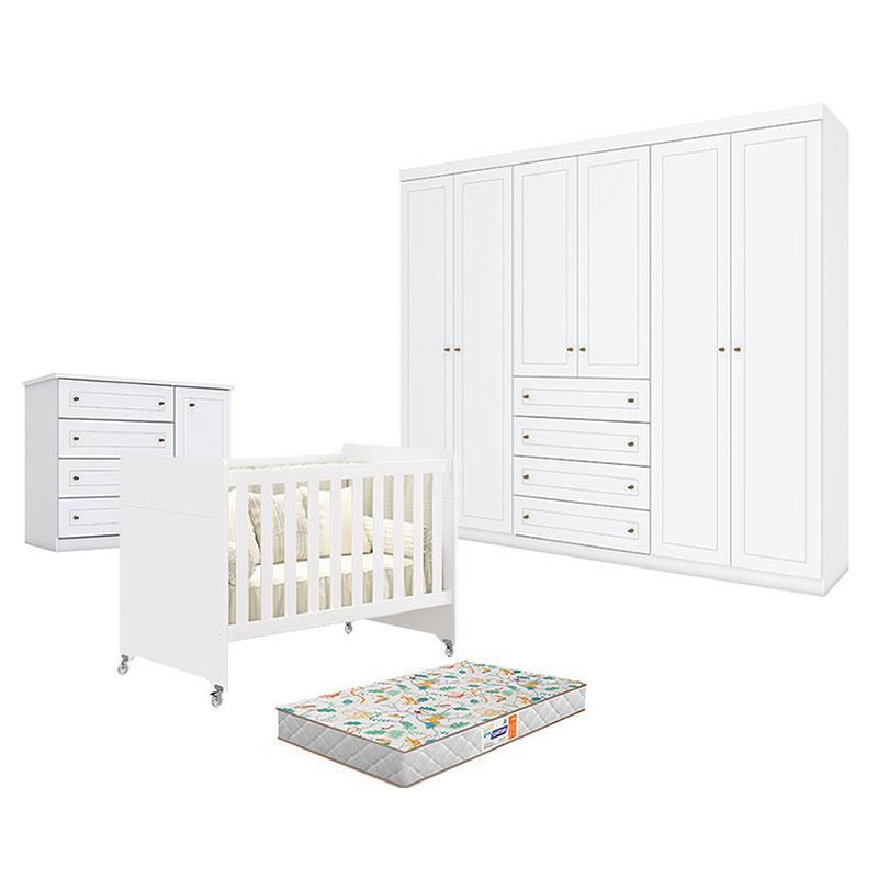 Quarto de Bebê Americano 6 Portas com Berço Americano Evolution 4 em 1 Branco Acetinado Reller e Colchão Gazin - Henn