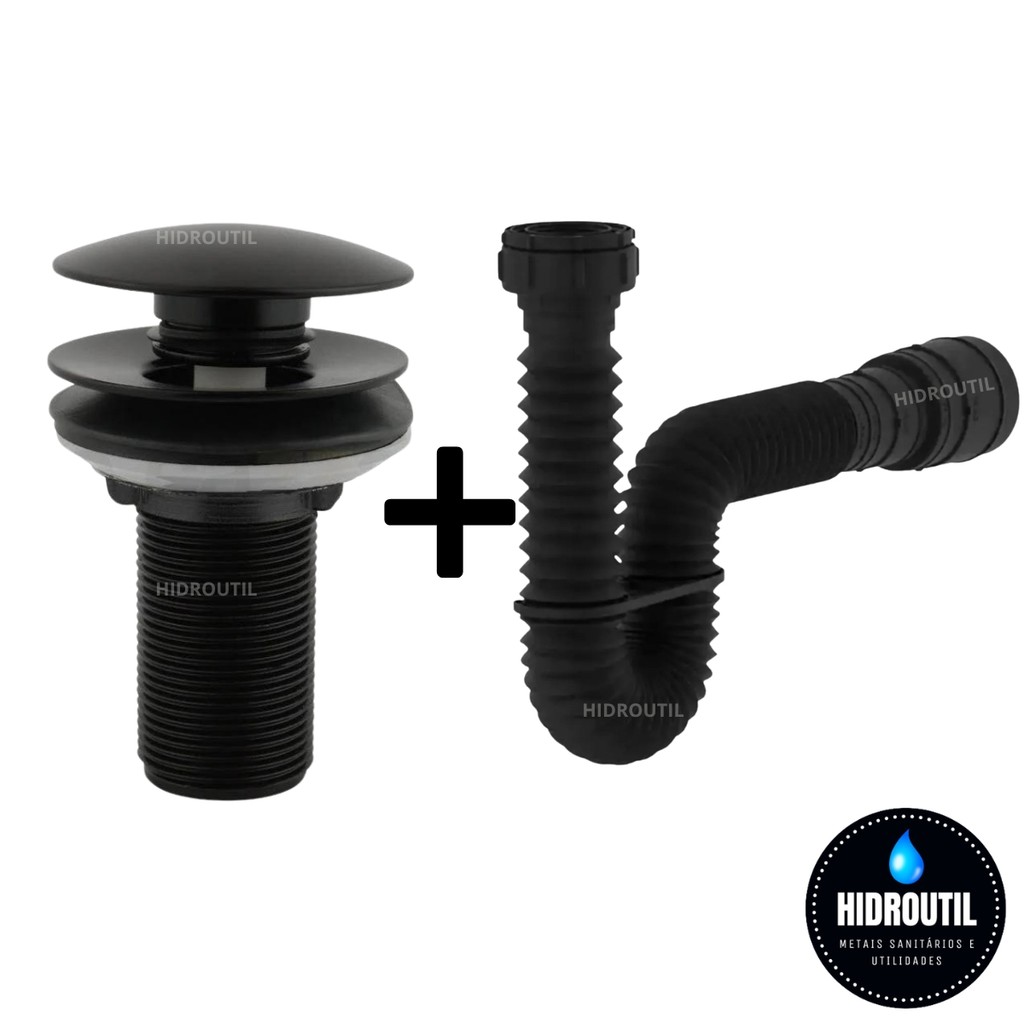 Kit Válvula Lavatório Preta Sifão Sanfonado Preto Cuba Universal Extensivo