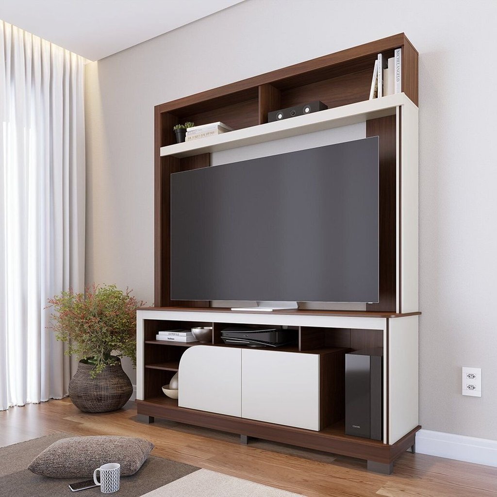 Estante para TV e Home Theater até 65 Polegadas 160CMX190CM 2 Portas Belaya Marrom Nogueira Real/Off White