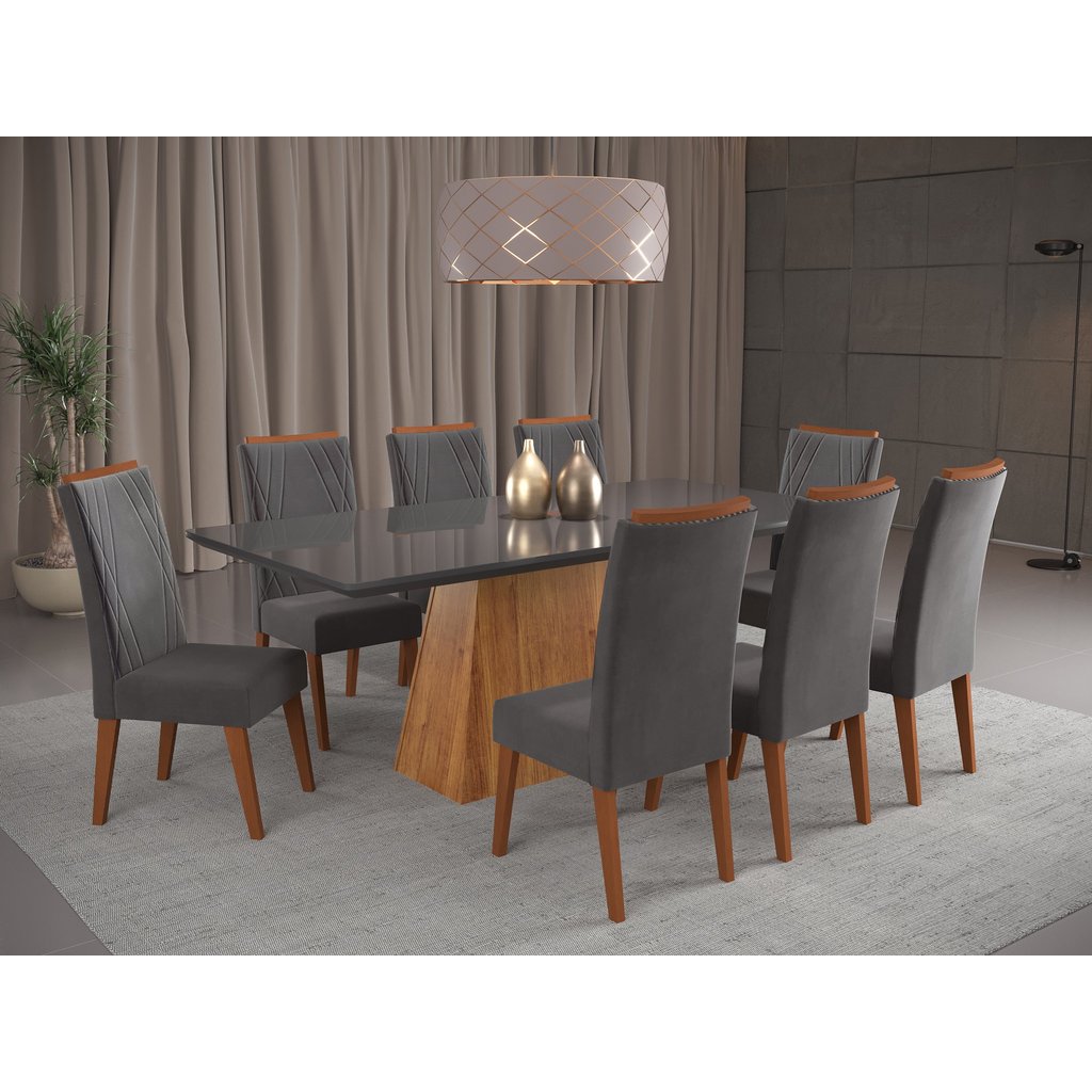 Mesa de Jantar Retangular Sylk com 8 Cadeiras Madeira Maciça Vegas Yescasa Cinza/Mel/Grafite Mel/Grafite
