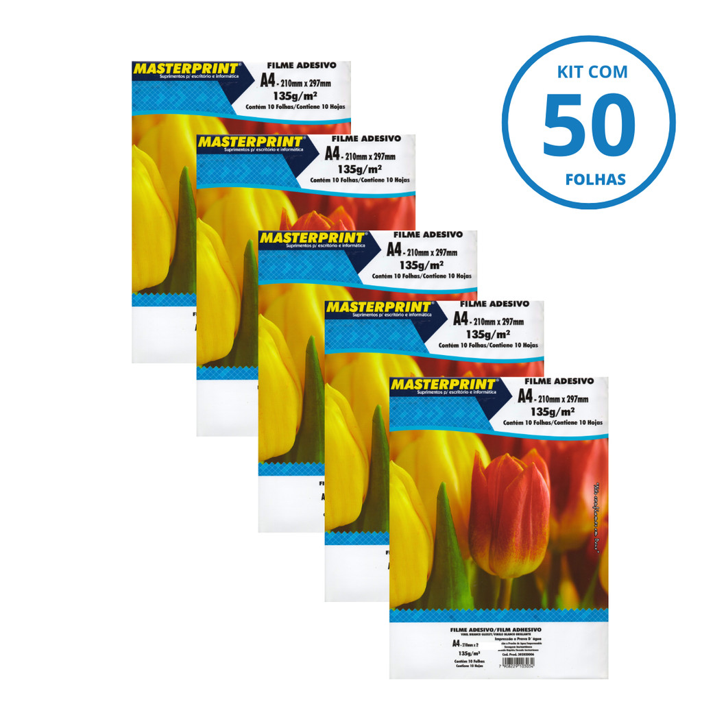 Kit 50 Folhas Filme Adesivo Vinil Branco 135g/m² A4 - MASTERPRINT (5 Pacotes com 10)