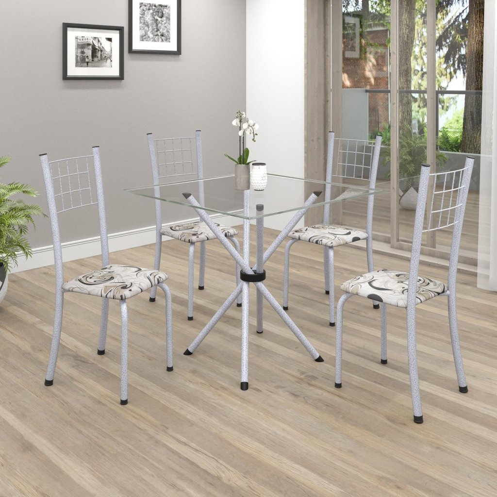 Conjunto de Mesa Tubular 70x70cm Tampo em Vidro com 4 Cadeiras Dany Branco/Arabesco/Martelado Perola/Incolor