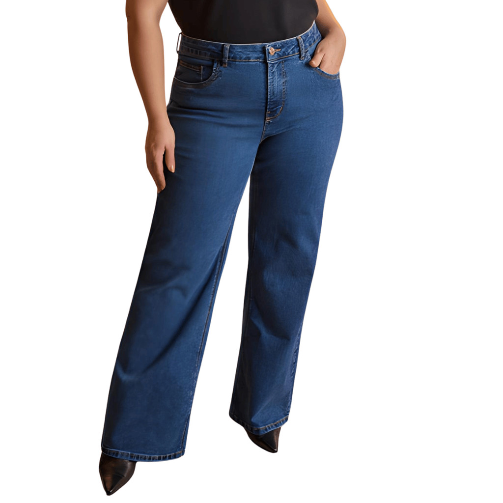 Calça Jeans Feminina Wide Leg Plus Size Para Pequenas Lunender